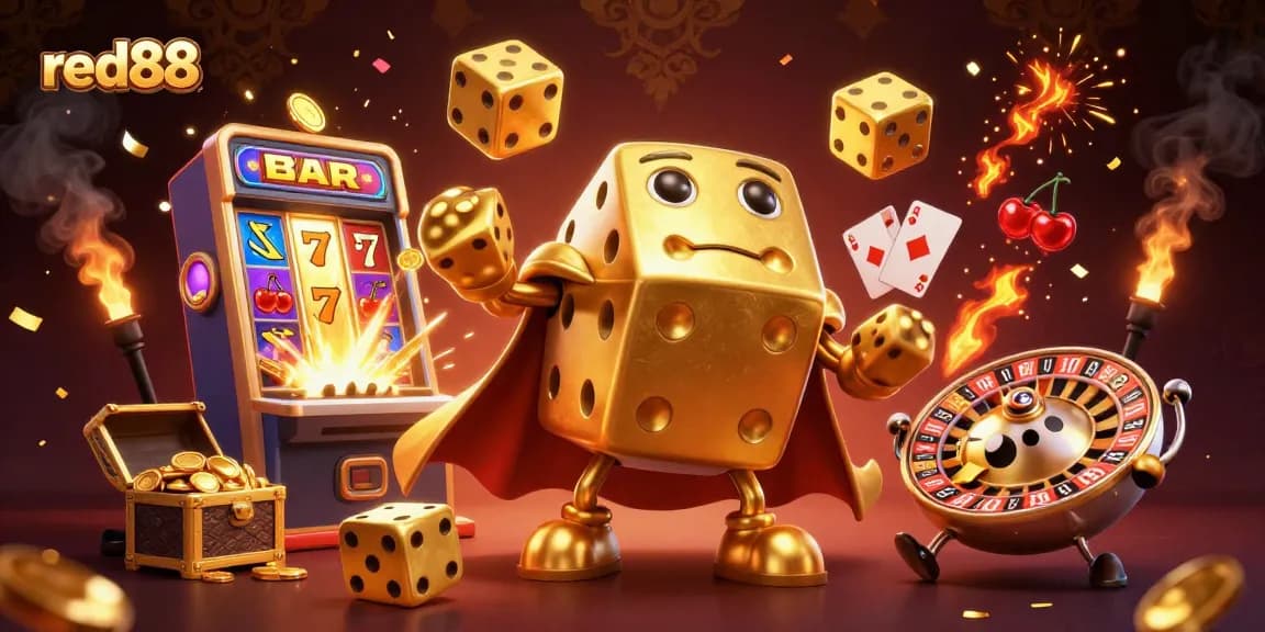Engage with thrilling slots at red88, featuring a dynamic illustration of a golden dice golem and slot machine.