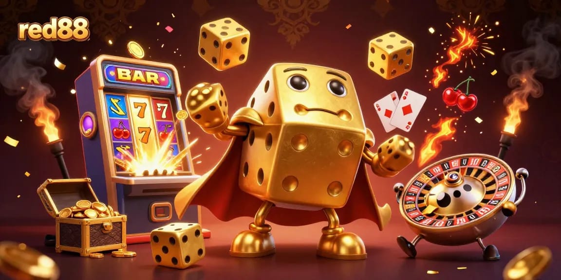 Engage with thrilling slots at red88, featuring a dynamic illustration of a golden dice golem and slot machine.