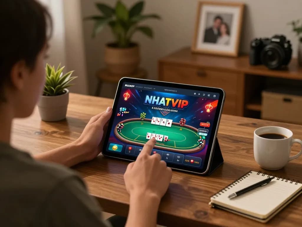 Player enjoying NHATVIP poker game on tablet in cozy home setting, emphasizing strategic gameplay