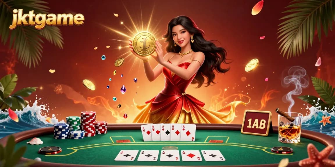 Rasakan pengalaman permainan yang mendebarkan dengan jktgame, menampilkan adegan menawan seorang wanita yang memegang koin emas di tengah tumpukan harta karun.