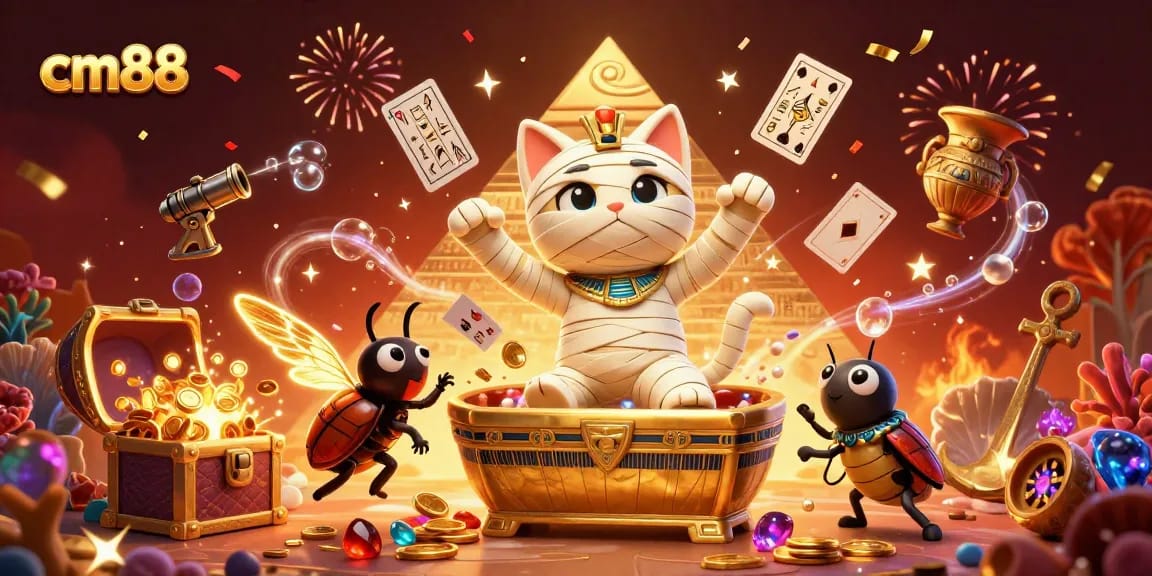 Experience thrilling excitement with cm88's vibrant gaming world featuring a mummy cat and treasures.