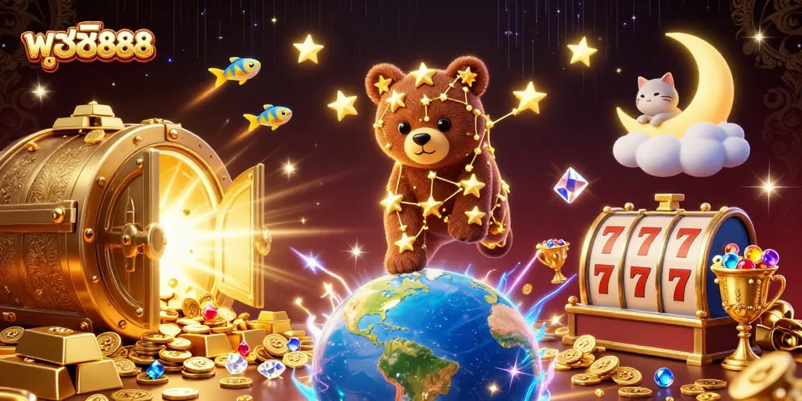 Experience thrilling gameplay with พุซซี่888, where animated characters celebrate jackpots amidst cascading gold and colorful gems.