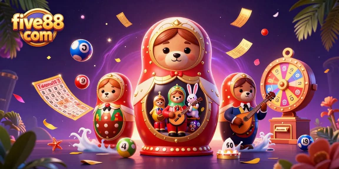 Engage with five88 com's colorful lottery excitement through vibrant 3D casino illustration.