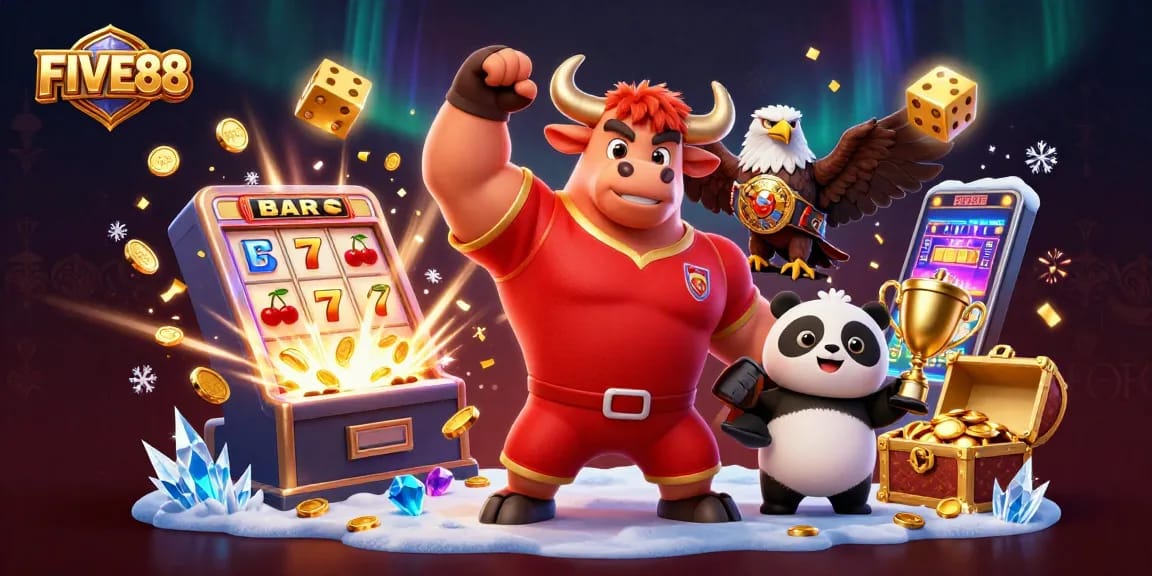 Win big at FIVE88 with vibrant 3D characters celebrating casino success amid slot machine excitement.