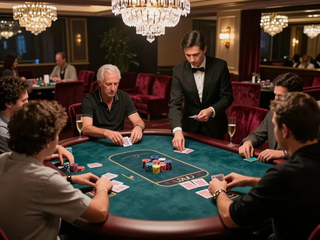 VIPWIN players enjoying high-stakes poker in an exclusive gaming area, highlighting luxury and strategy.
