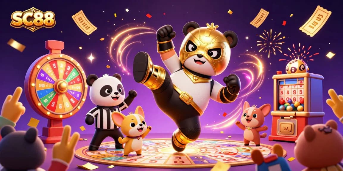 Engage with SC88's bingo excitement as a 3D cartoon panda showcases fun prizes and celebrations.