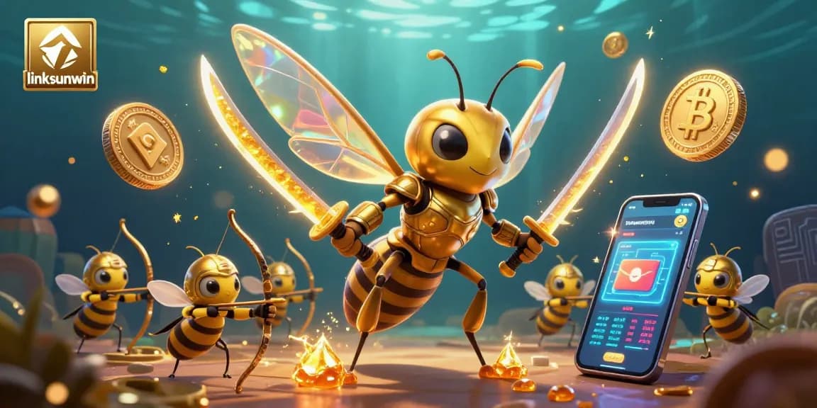 Engage with linksunwin in an exciting casino world, illustrated with a golden hornet and crypto coins.