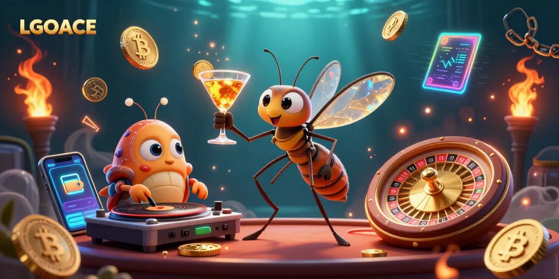 LGOACE showcases a lively casino scene with a unique blend of characters and cryptocurrency elements.