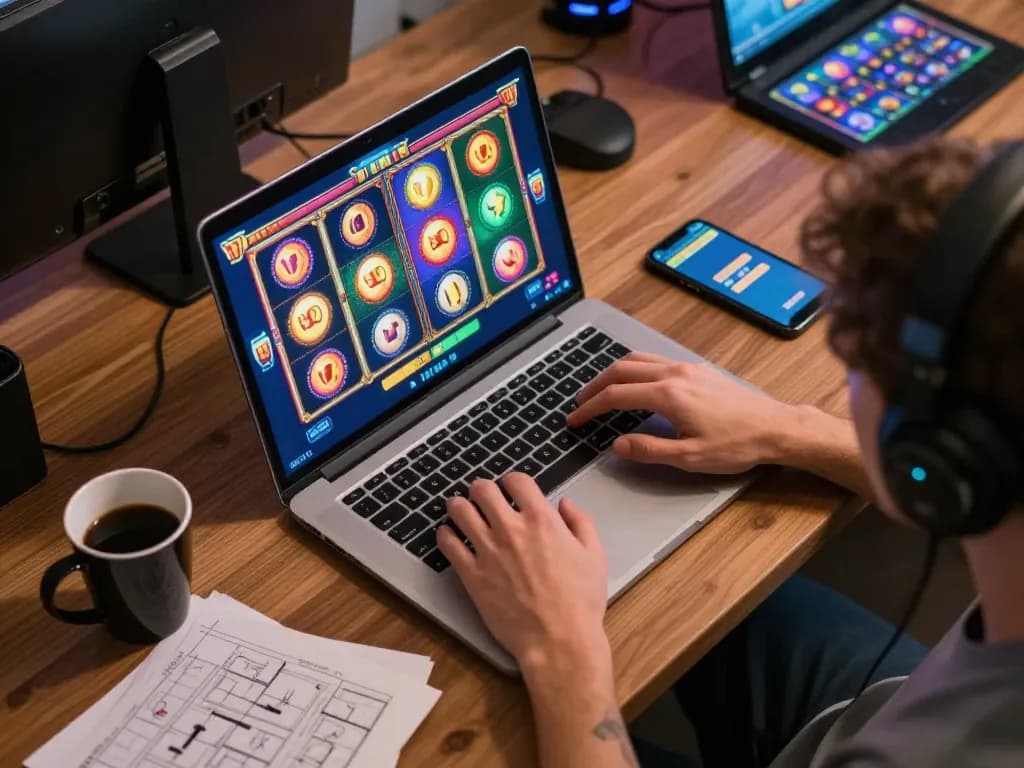 Player actively enjoying slot games on a laptop, enhancing home gaming experience.