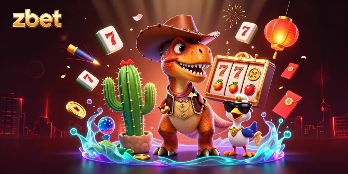 Spin on zbet’s vibrant slots with a cowboy T-Rex and friends amidst dazzling casino elements.