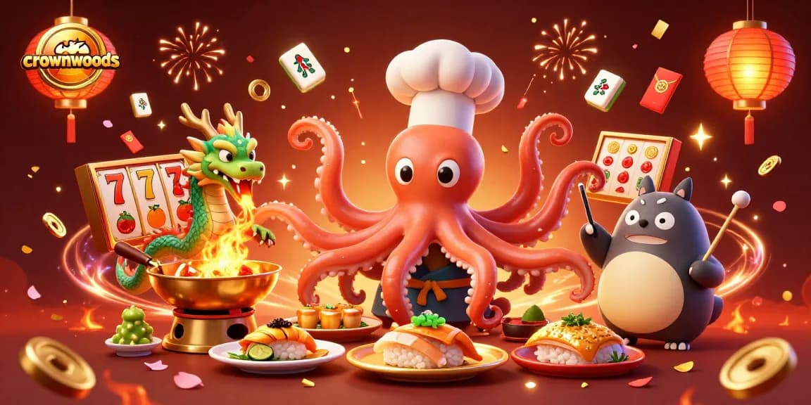 Crownwoods showcases dynamic 3D scene in a vibrant online casino atmosphere, featuring colorful characters and game elements.