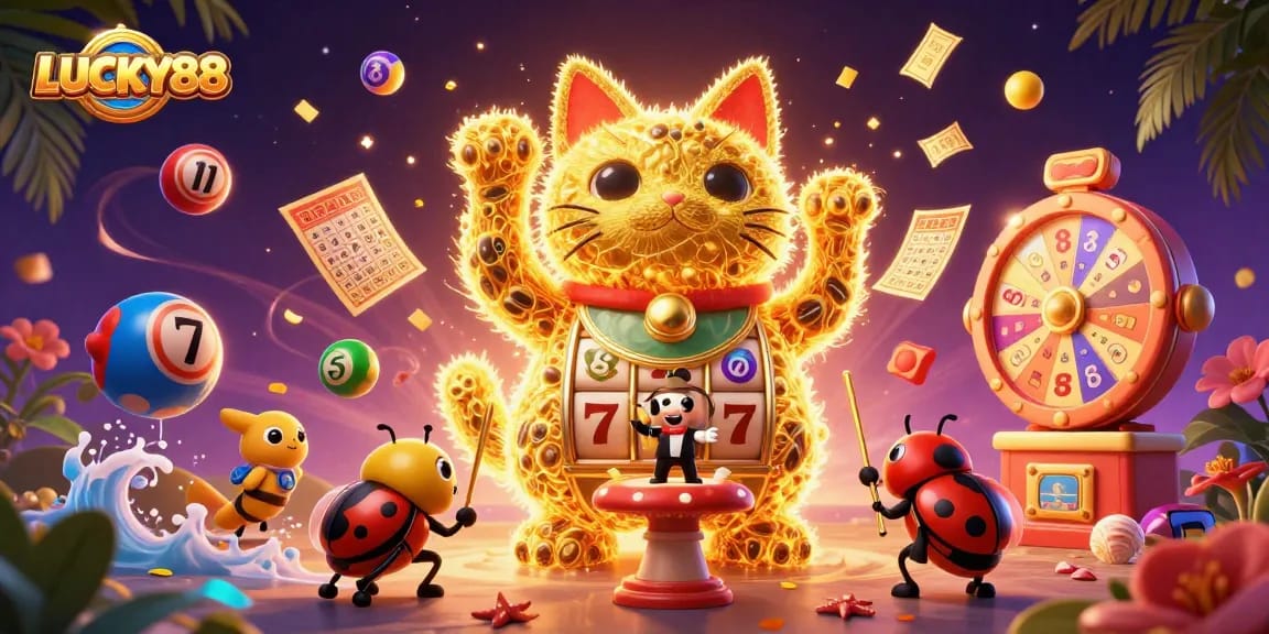 LUCKY88 | Interactive casino scene with a lucky cat and animated symbols