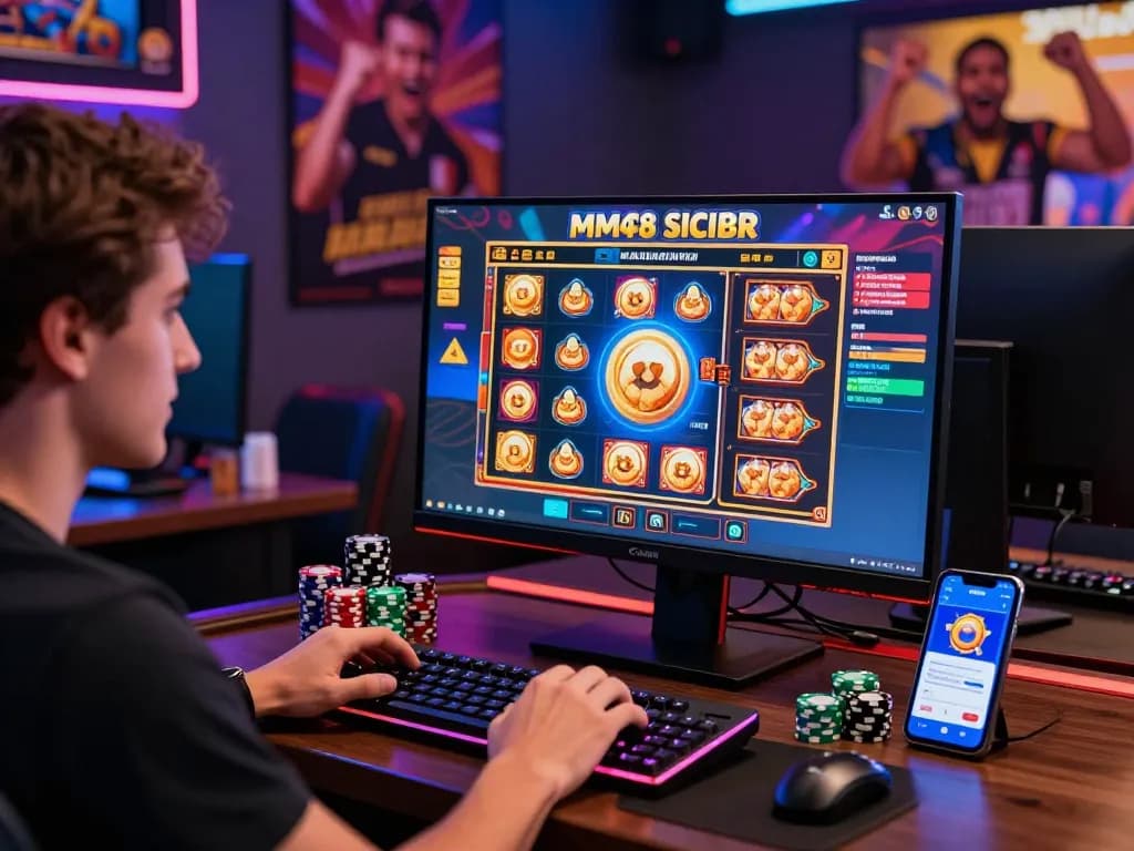 Excited player engaging with MM88 online casino games on desktop with vibrant slot interface.