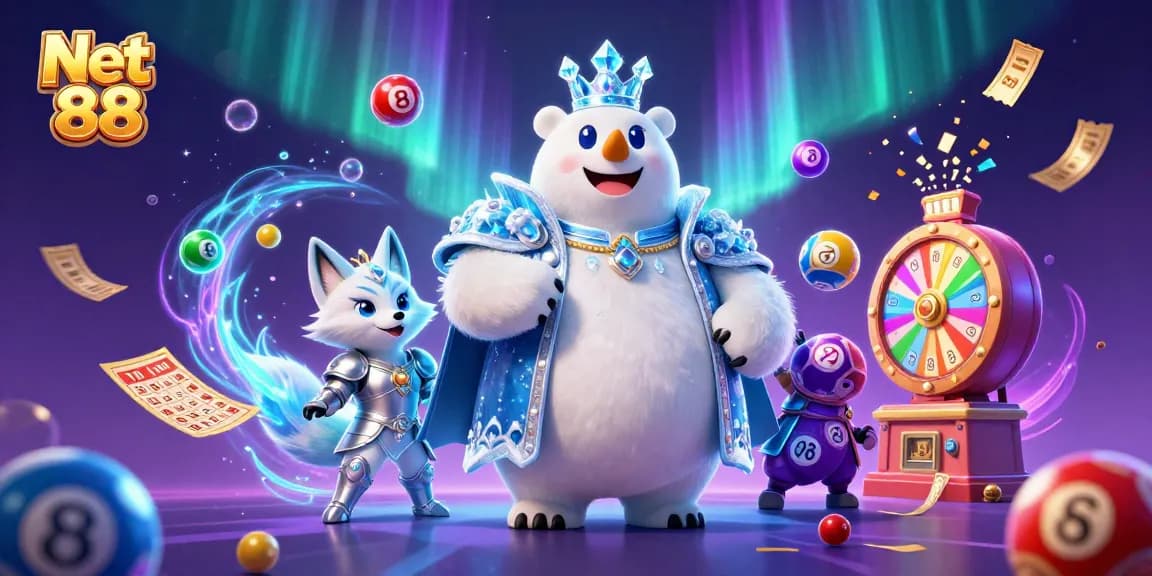 Net 88 gaming action features colorful lottery elements with polar bear and fox characters.