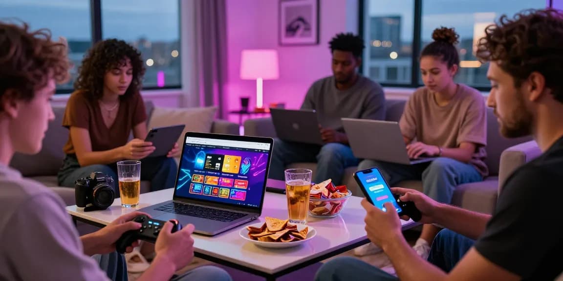 UK players enjoying a lively home gaming session on credit card casinos at https://euf.co.uk with devices and snacks.