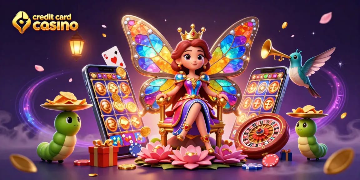 Engage in the vibrant world of credit card casino gaming with a butterfly queen and fun elements.