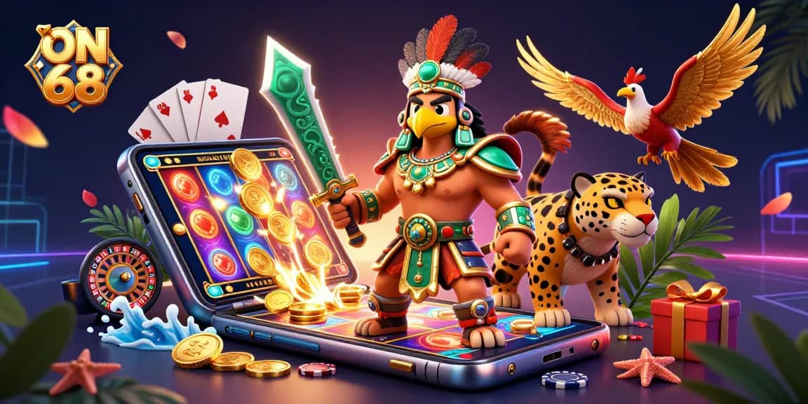 Play thrilling slots and casino games with ON 68 in a vibrant 3D casino scene.