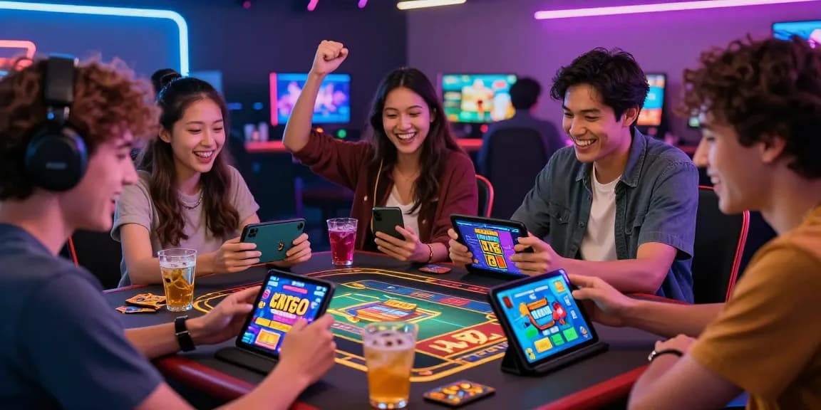Excited friends playing at KO66 with vibrant app graphics and lively celebration.
