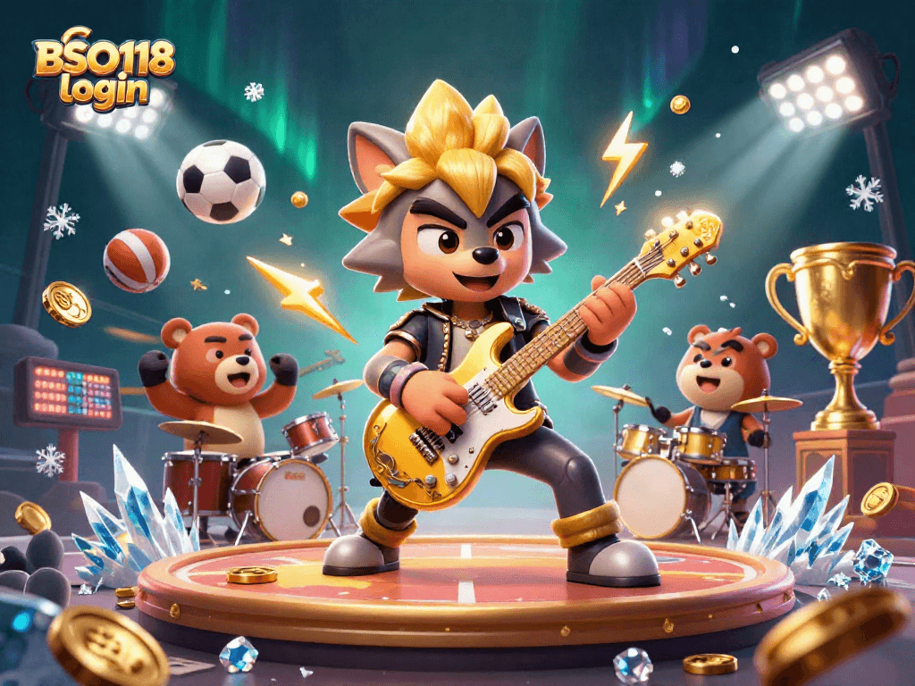 Experience the thrill of BSO118 login with energetic characters and casino elements in this 3D illustration.
