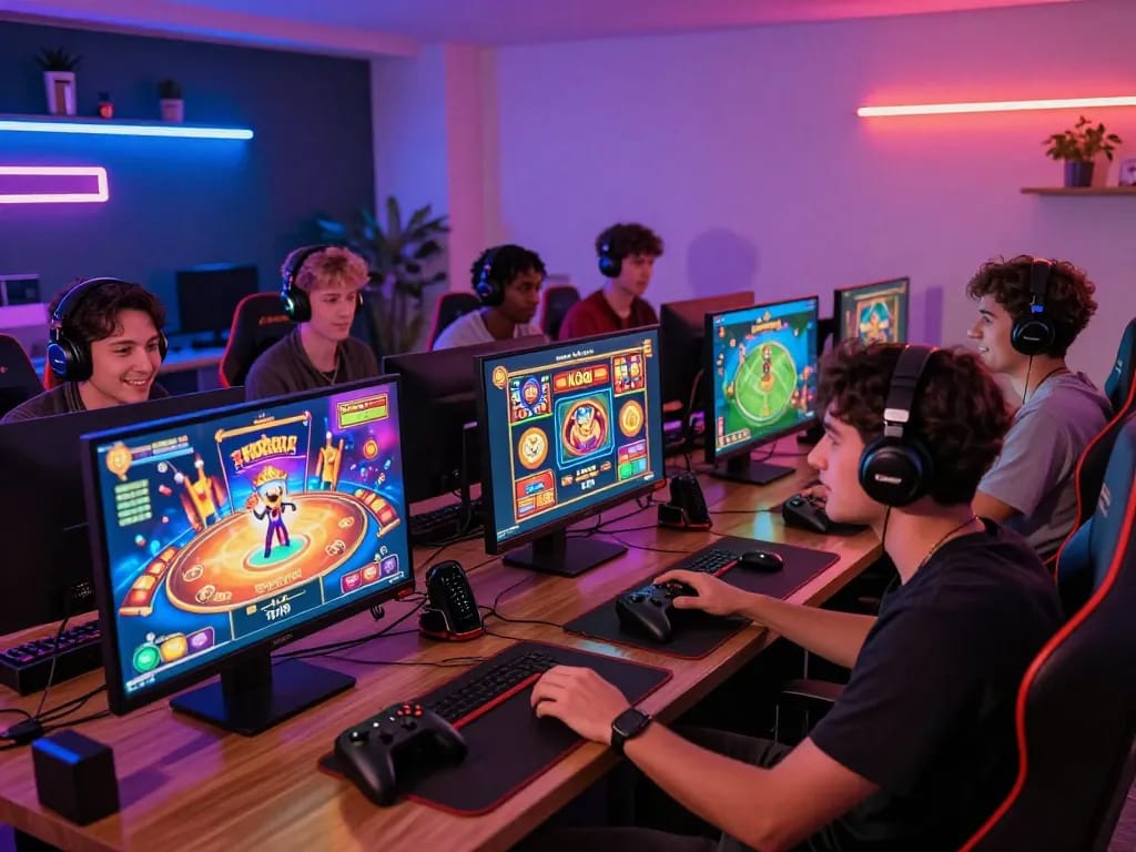 Exciting KO66 gaming scene with diverse players engaged in various casino games, vibrant atmosphere.