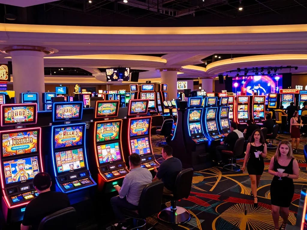 Players enjoying vibrant slot machines at a buzzing casino floor on QQ88 com, showcasing the lively gaming atmosphere.