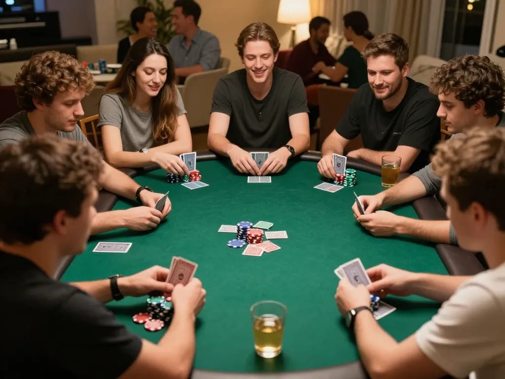 Players at a lively poker game night celebrating strategic plays, showcasing the excitement of tylekeo.
