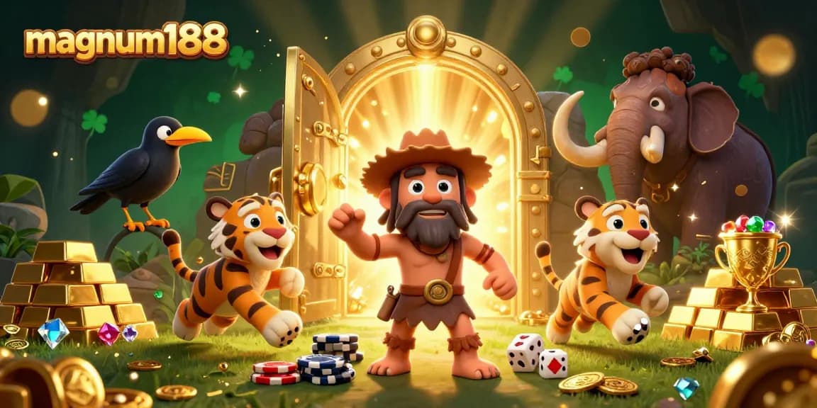 Experience magnum188 through a vibrant 3D illustration of a cartoon casino featuring treasure, cards, and classic gaming elements.