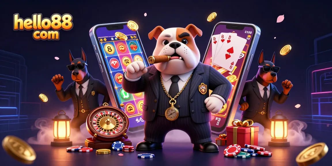 Immerse in the thrill of gameplay as hello88 com showcases a vibrant casino scene filled with characters, game elements, and golden treasures.