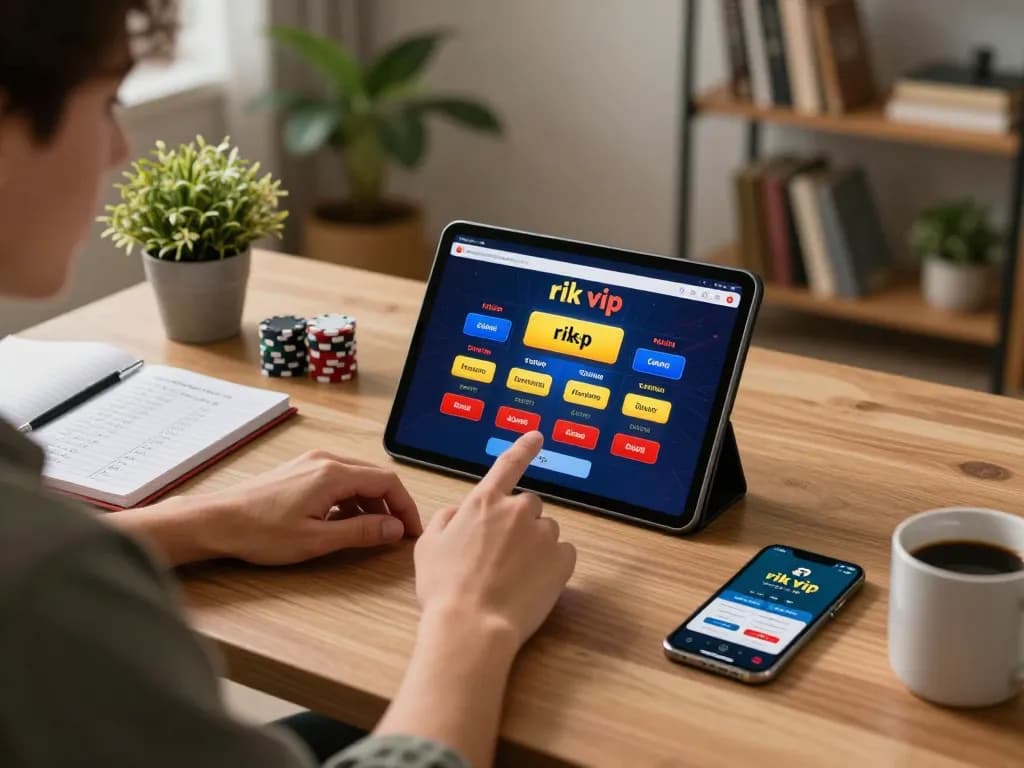 Player enjoying the rik vip online casino experience on a tablet, showcasing strategic betting in a cozy home setup.
