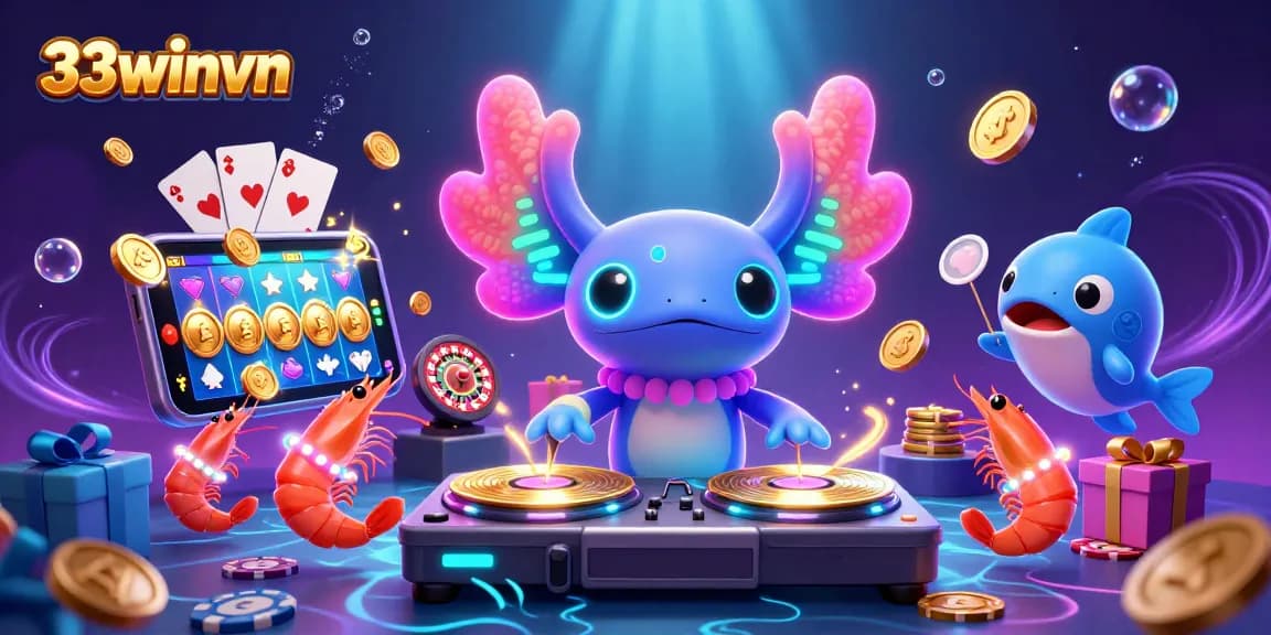 Experience exciting gaming action with 33winvn's vibrant underwater casino scene featuring neon characters.
