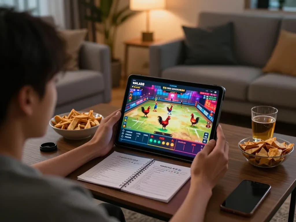Experience thrilling online cockfighting with WALA88 on a tablet in a cozy setting.