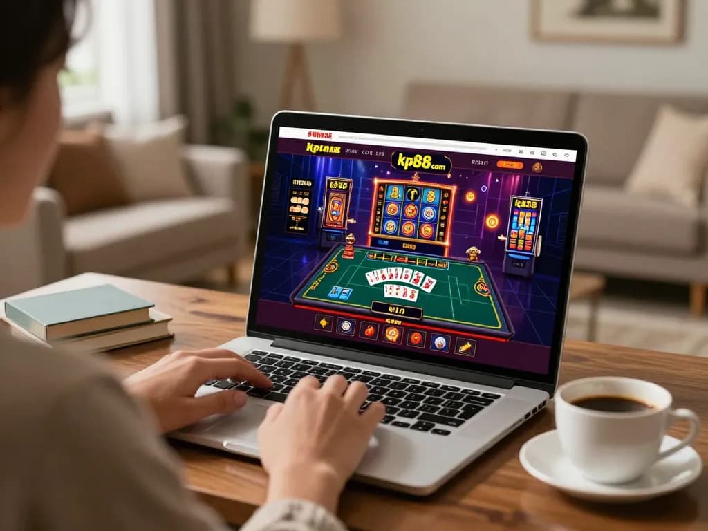 Engaging with kp88.com on a laptop showcasing vibrant online casino games at a cozy home office