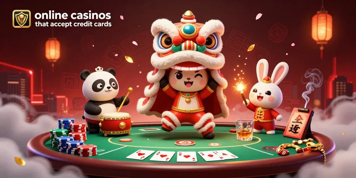 Experience excitement at online casinos that accept credit cards with a vibrant lion dance scene mixing luck and chance.