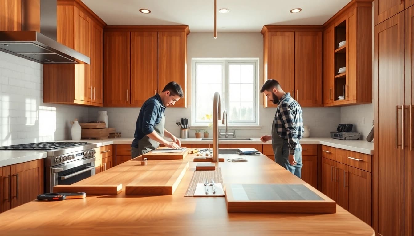 Cabinet Refacing Clearwater FL showcasing skilled professionals rejuvenating kitchen cabinets with modern finishes.