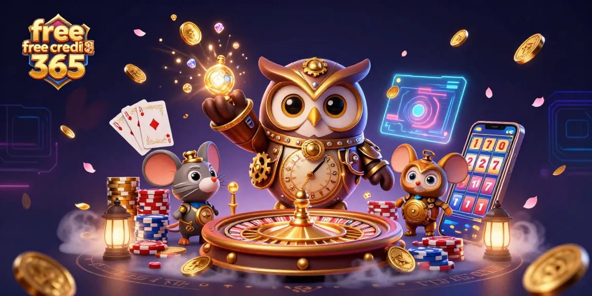 Experience thrilling gaming action with free credit 365 at a vibrant online casino scene featuring playful characters.