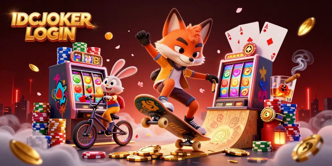 IDCJOKER LOGIN showcases a cartoon fox performing tricks on a skateboard with vibrant slot machine elements.
