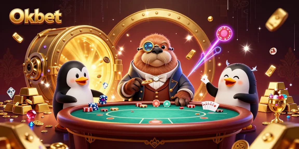 Oxbet enhances gameplay with a 3D illustration of a walrus playing poker amidst treasures.