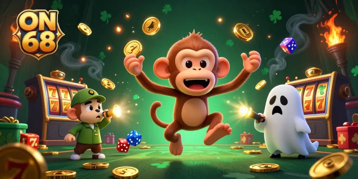 Engaging scene of ON 68 featuring a playful ghost-hunter puppy chasing a poltergeist monkey in a casino.