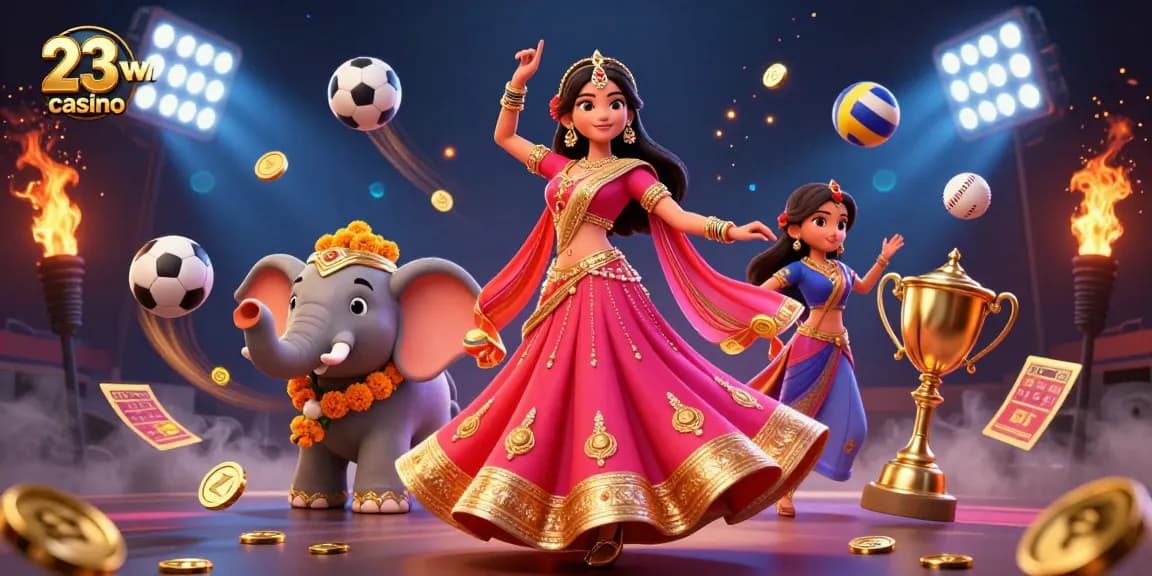 Experience the excitement of betting at 23win casino with vibrant gambling elements and dynamic characters.