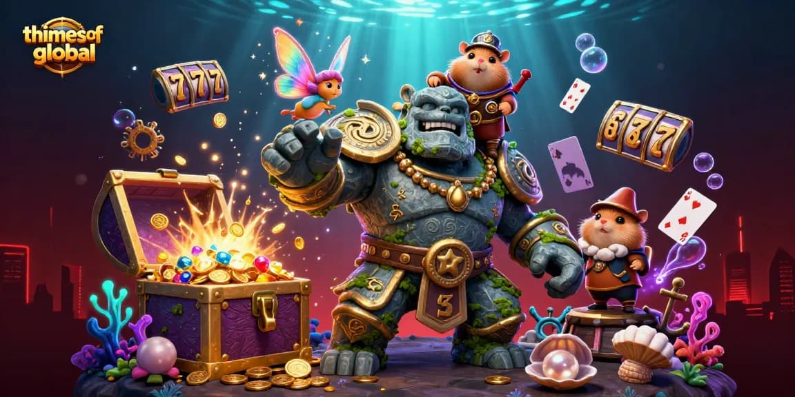 Thetimesofglobal showcases a 3D stone golem with a hamster knight and fairy amidst slot machine elements.