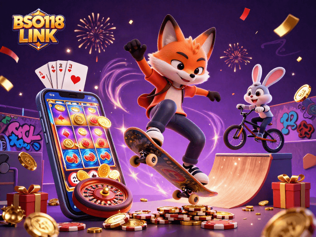 Engage with BSO118 LINK, experiencing thrilling casino action with vibrant characters and festive elements.