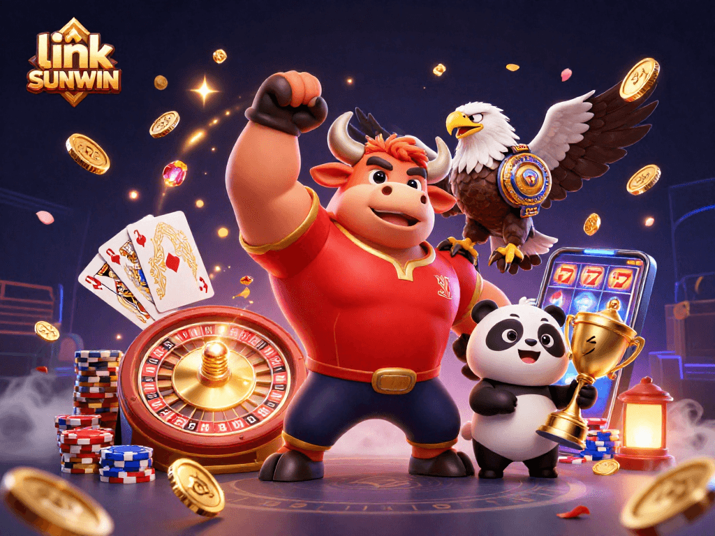 Win big with link SUNWIN as a bull mascot and friends celebrate in a lively casino scene.