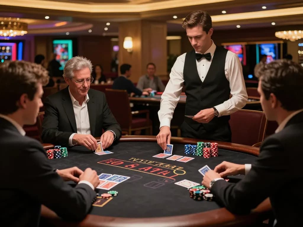 Engaged players at a blackjack table enjoying j88 as the dealer manages their bets