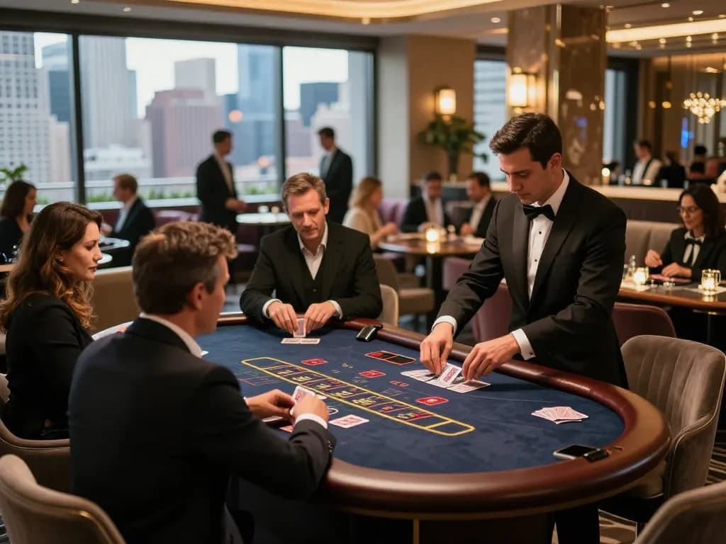 Nohu players engaging at the blackjack table with stunning skyline views.