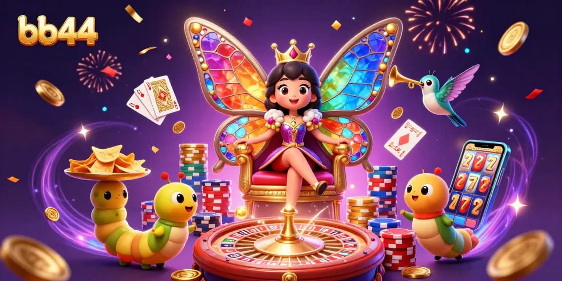 Play vibrant casino games with bb44 featuring a butterfly queen and cascading chip trays.