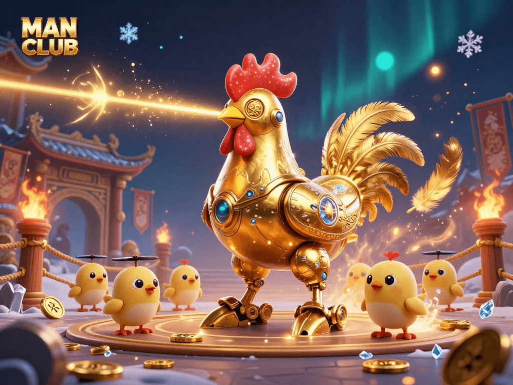 Engage with MAN CLUB in this dynamic 3D scene of a golden rooster robot surrounded by action-packed gaming elements.