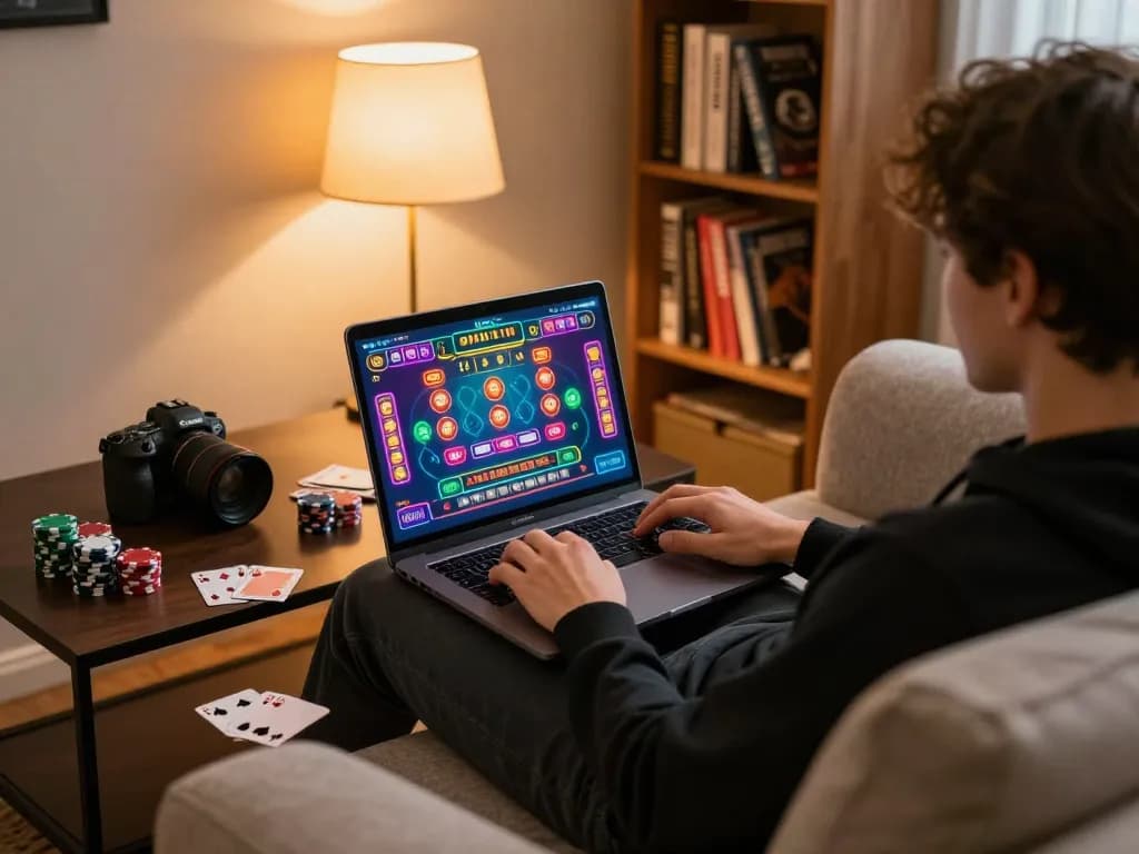 Engaging in a TG88 online casino game with laptop, showcasing betting strategy.