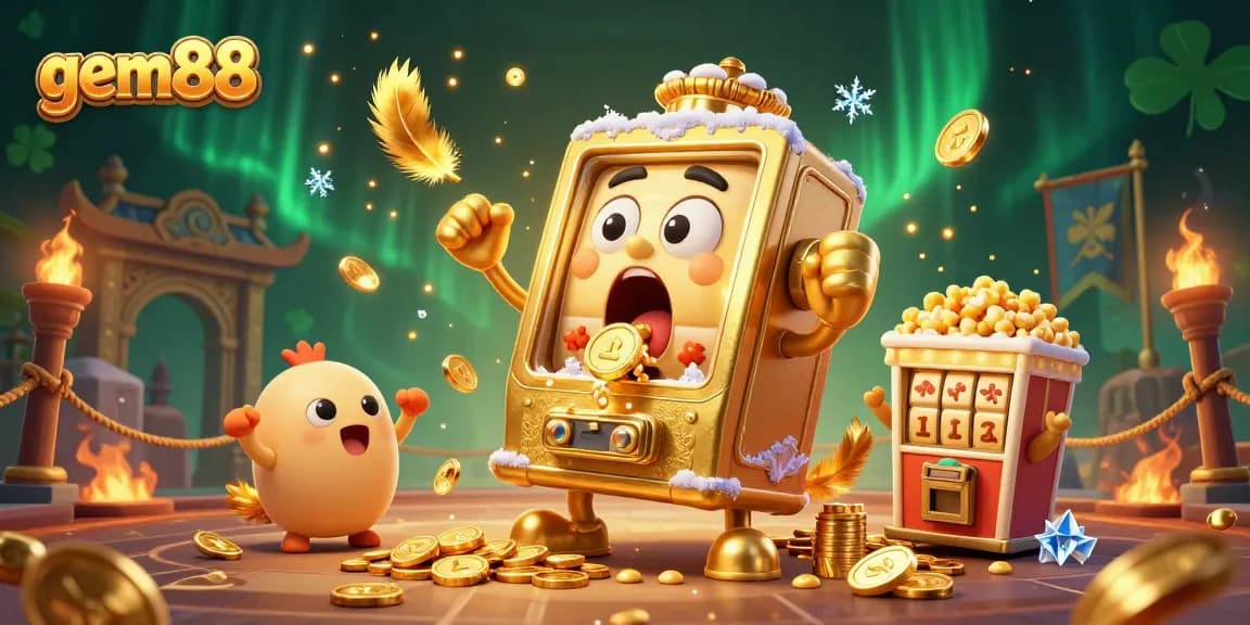 gem88 slot machine celebrates a jackpot, surrounded by cheering machines and impressive casino elements