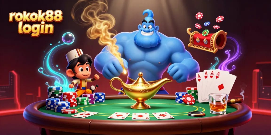 Experience rokok88 login with a vibrant casino scene featuring a genie, poker chips, and a rich game atmosphere.