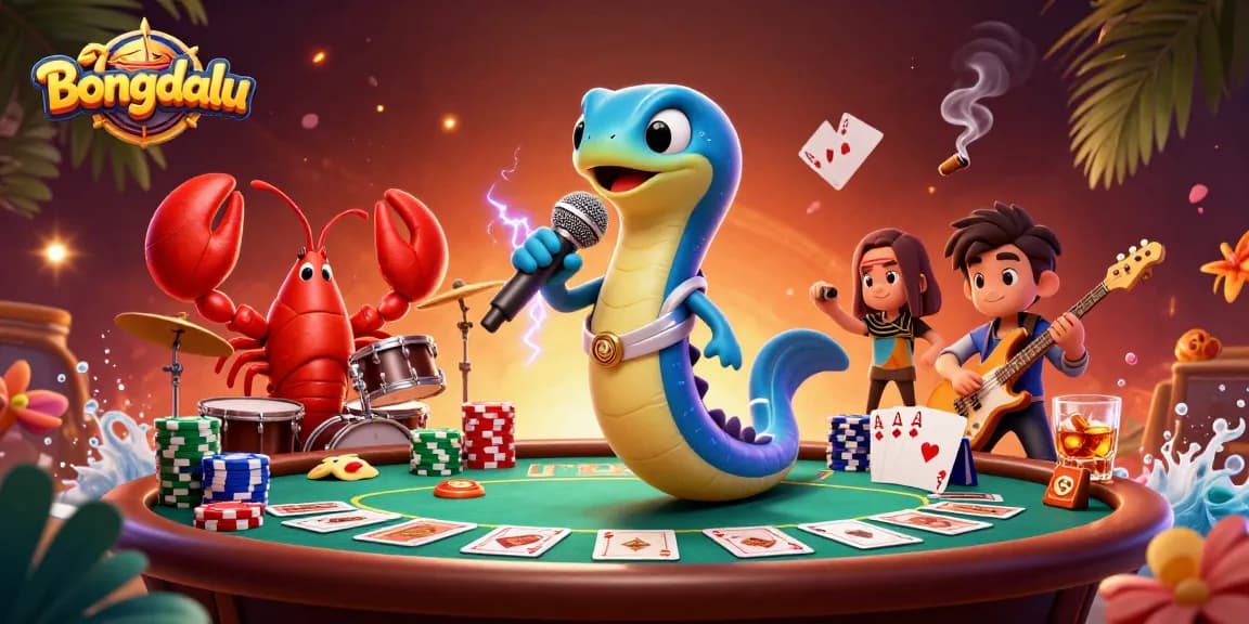 Bongdalu electric eel DJ entertains at an underwater casino with vibrant poker elements.